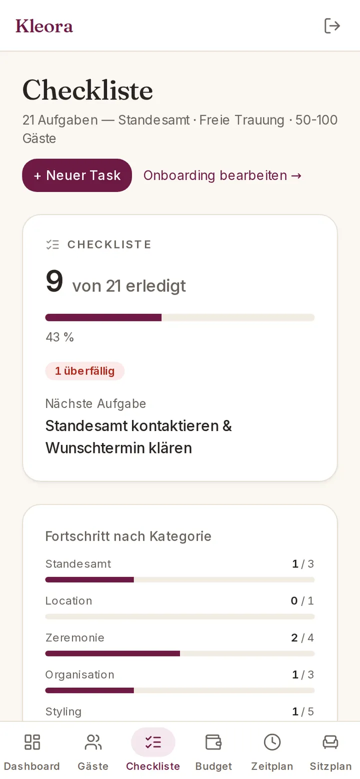 Kleora Checkliste: Screenshot der App