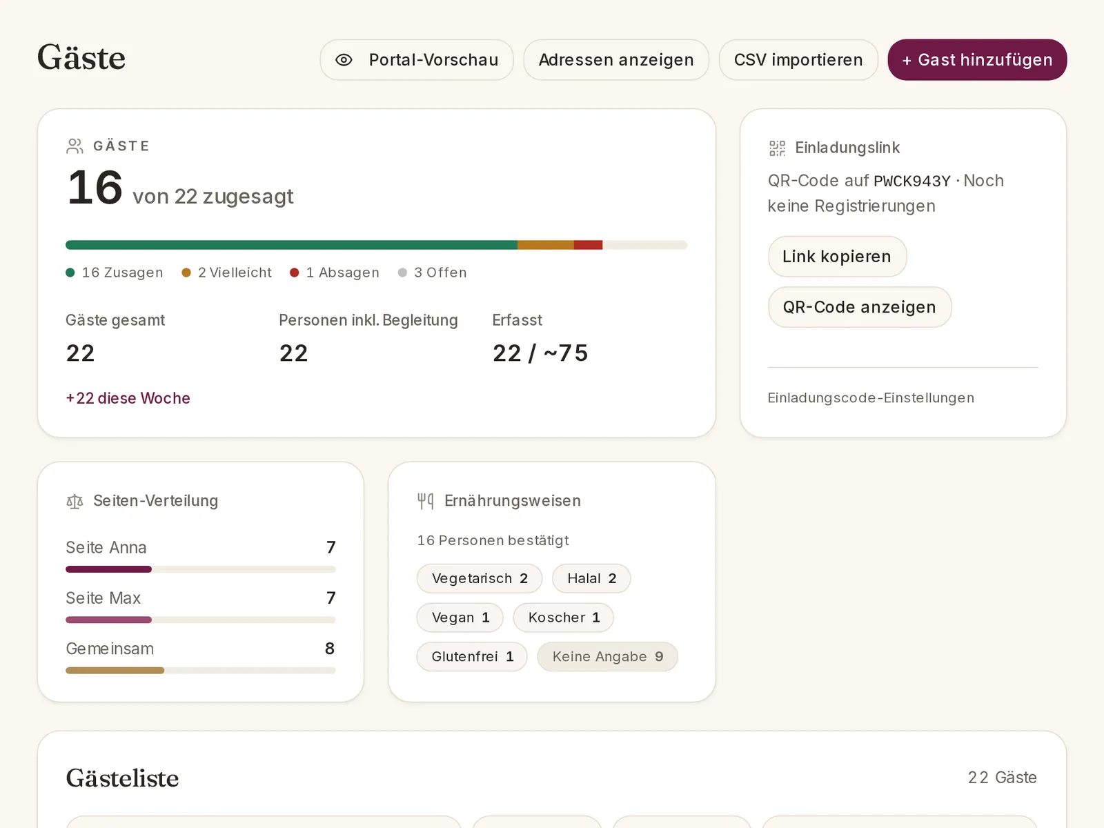 Kleora Gästeliste: Screenshot der App
