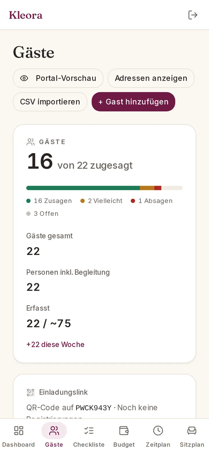 Kleora Gästeliste: Screenshot der App