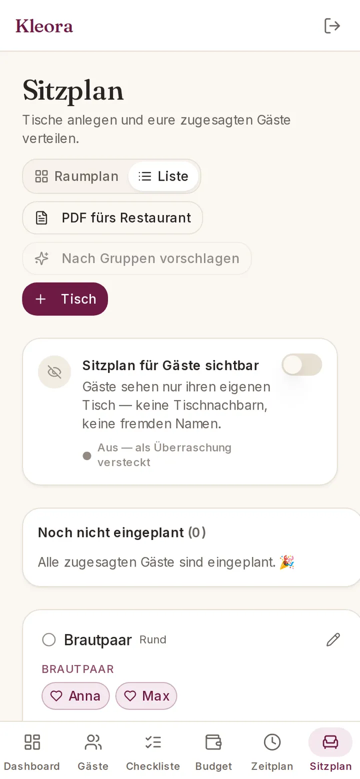 Kleora Sitzplan: Screenshot der App